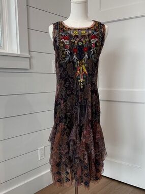 Johnny Was Lowein Embroidered Mesh Dress (Slip) Medium NWT